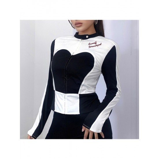 Embroidery Black White Color Blocking Jacket Coats