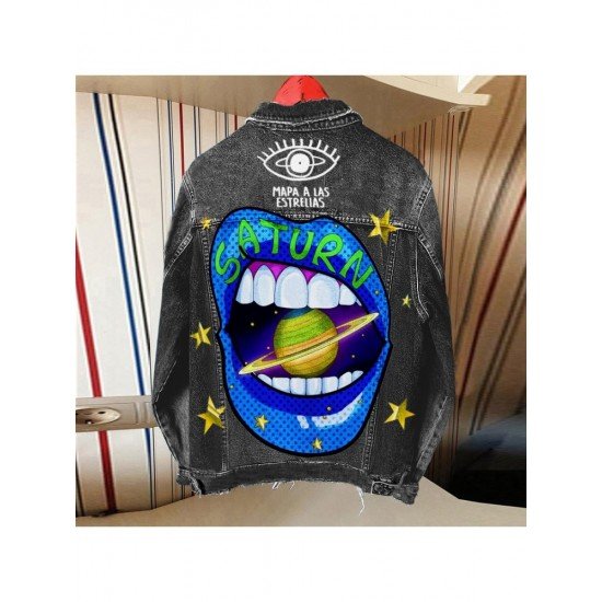 Street Black Lip Printed Denim Jackets Women