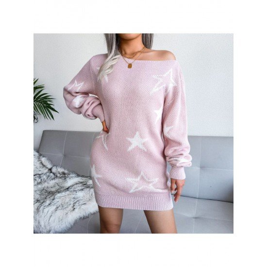 Star Pattern Long Sleeve Women Sweater Dress