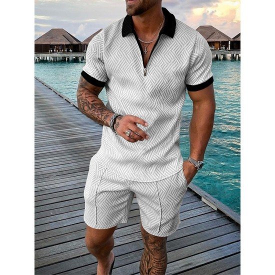 Fashion Zipper Contrast Color Printing Men's Short Suit