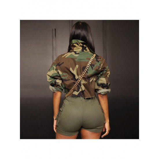 Camouflage Fall Cropped Coats For Women