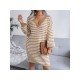 V Neck Striped Lantern Sleeve Sweater Dress