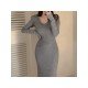 Simple V Neck Solid Long Sleeve Midi Dresses