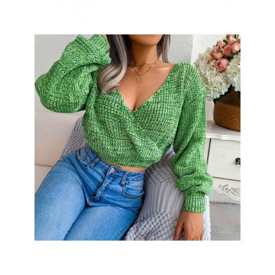 Spring V Neck Lantern Sleeve Cropped Sweaters