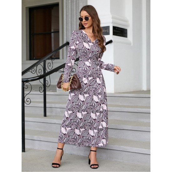  V Neck Printing Women's Long Sleeve Dress