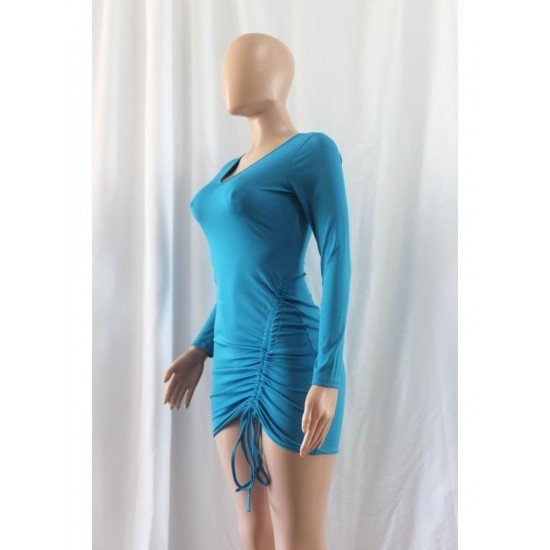 V Neck Ruched Solid Long Sleeve Mini Dress