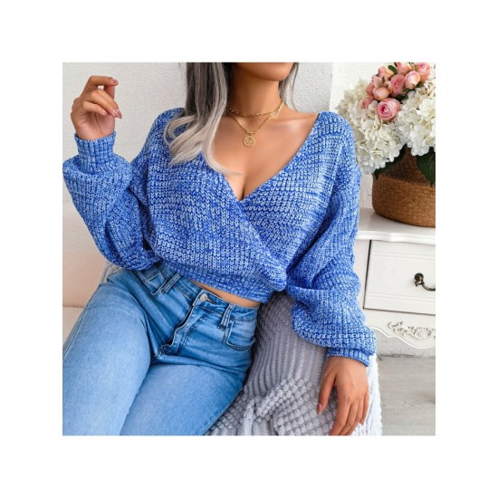 Spring V Neck Lantern Sleeve Cropped Sweaters