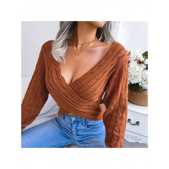 Sexy V Neck Solid Long Sleeve Cropped Sweaters