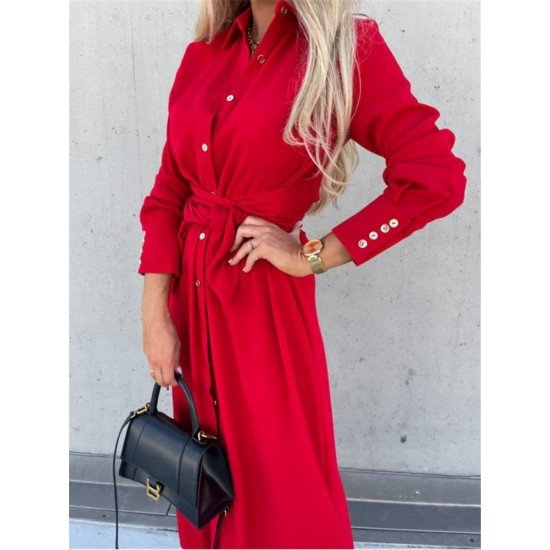  Pure Color Split Long Sleeve Dress