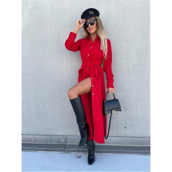  Pure Color Split Long Sleeve Dress