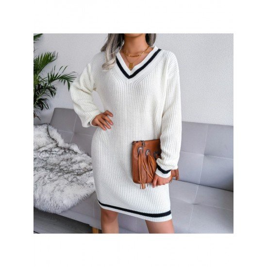 White V Neck Long Sleeve Short Sweater Dresses