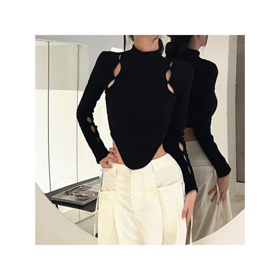 Mock Neck Cut Out Long Sleeve Tops