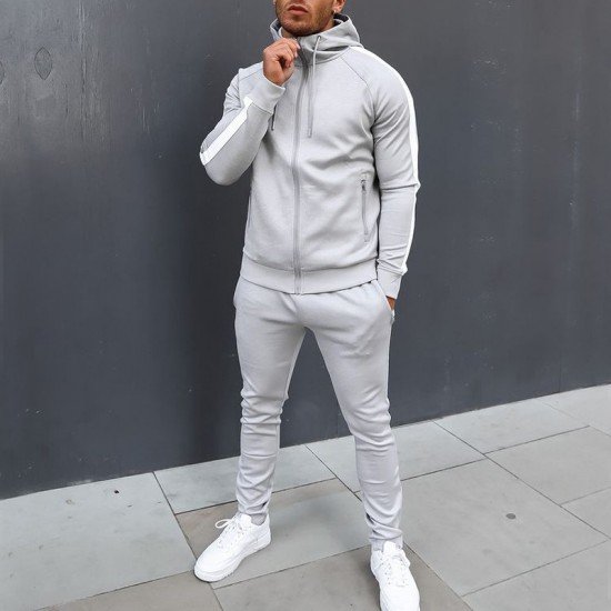  Men's Leisure Sports Hooded Zipper Two-Piece Set