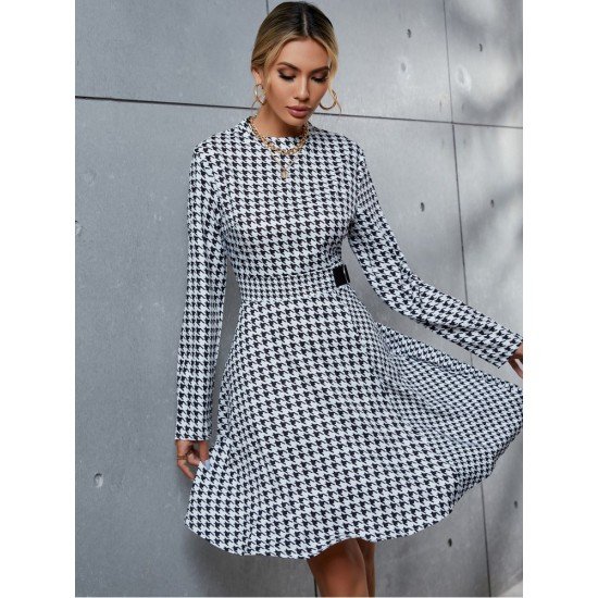 Houndstooth Long Sleeve Dresses For Women