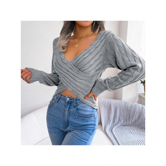 Sexy V Neck Solid Long Sleeve Cropped Sweaters