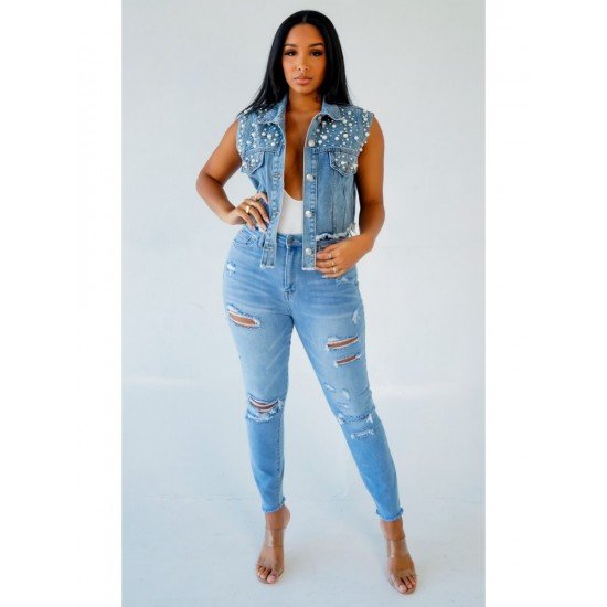 Faux-Pearls Rhinestone Sleeveless Denim Jackets For Women