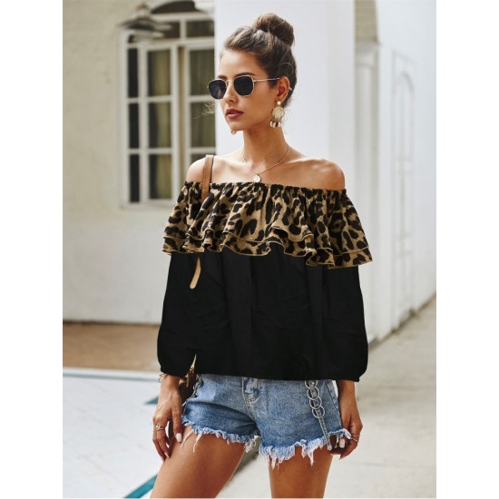  Casual Leopard Print Patchwork Off Shoulder Women's Top