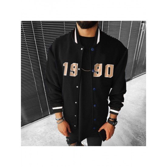 Black Patchwork Letter Baseball Coats For Men