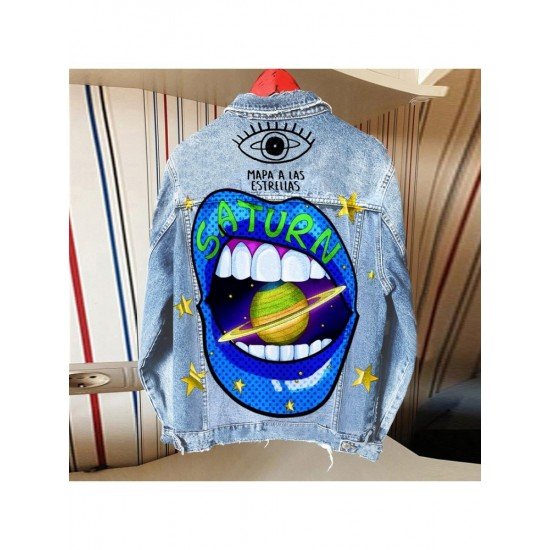 Street Black Lip Printed Denim Jackets Women