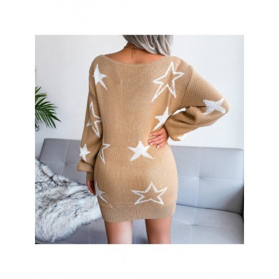 Star Pattern Long Sleeve Women Sweater Dress