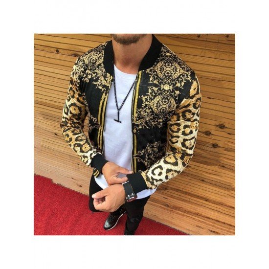 Street Leopard Zip Patchwork Baseball Jacket Coats 