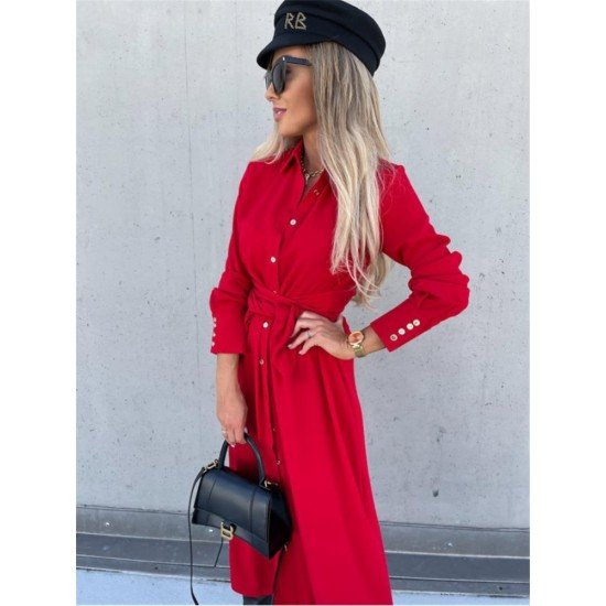  Pure Color Split Long Sleeve Dress