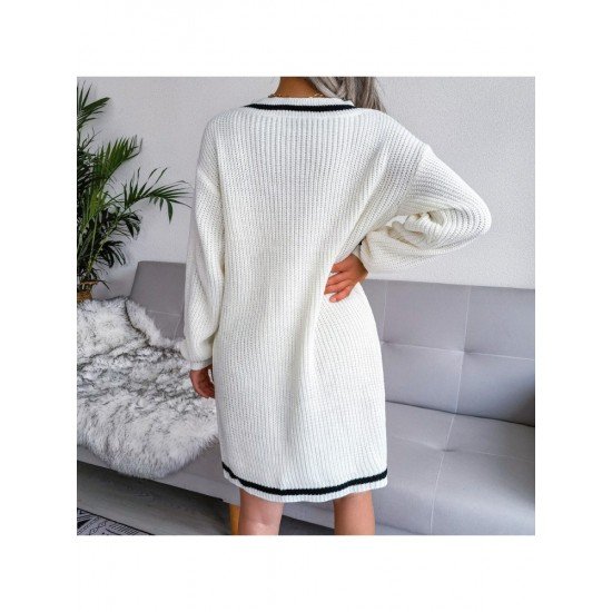 White V Neck Long Sleeve Short Sweater Dresses