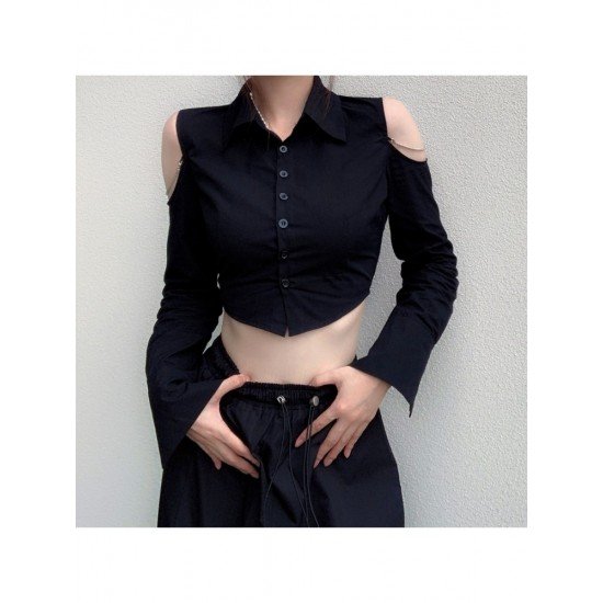 Cold Sleeve Black Cropped Blouse For Ladies 