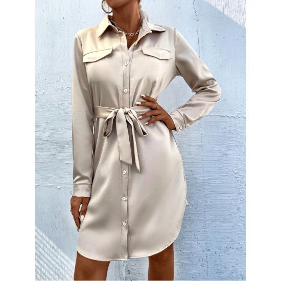 Pure Color Long Sleeve Fall Shirt Dress