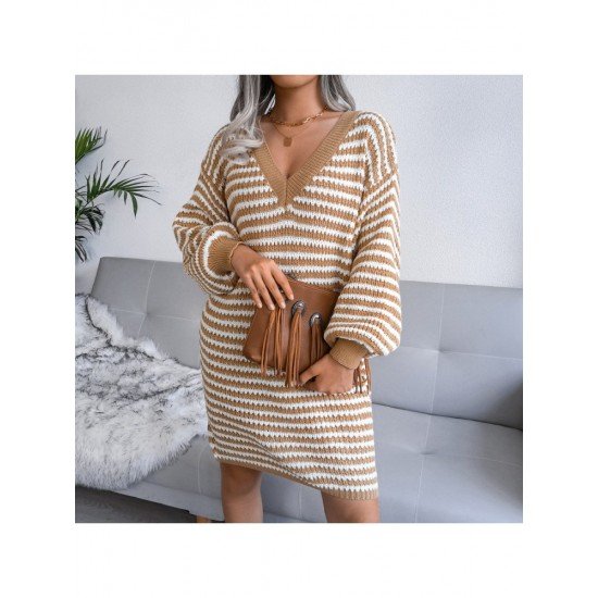 V Neck Striped Lantern Sleeve Sweater Dress