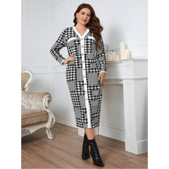  V Neck Houndstooth Women's Long Sleeve Dress