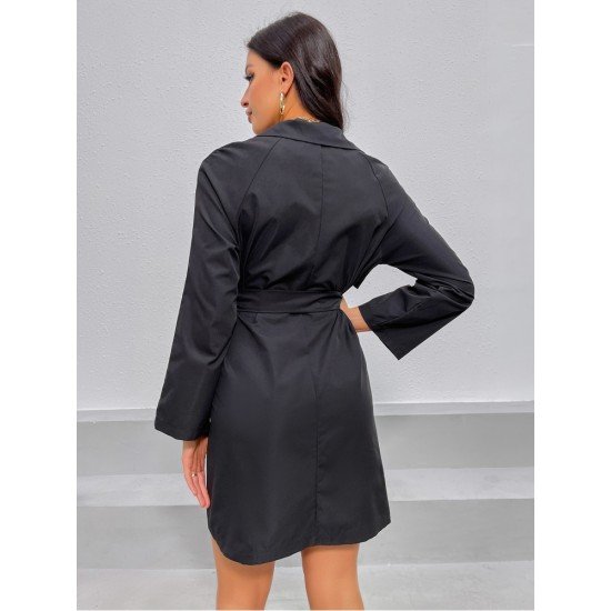 Women Black Long Sleeve Knee Length Jacket Coats