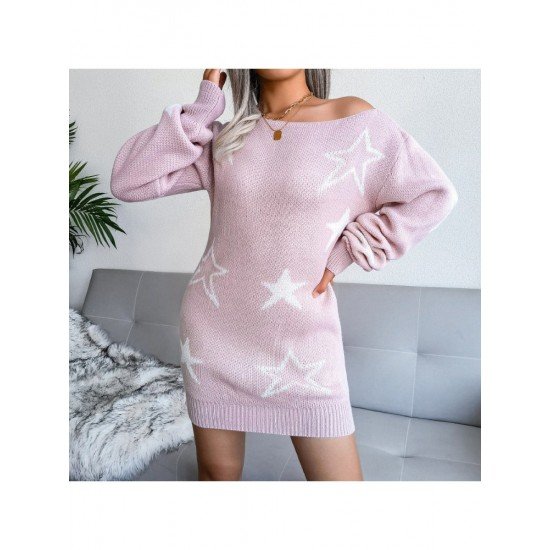 Star Pattern Long Sleeve Women Sweater Dress