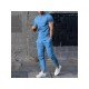  Men Solid Casual Short Sleeve Two Piece Pants Set