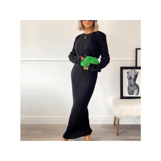 Ladies Solid Ruched Crew Neck Maxi Dresses