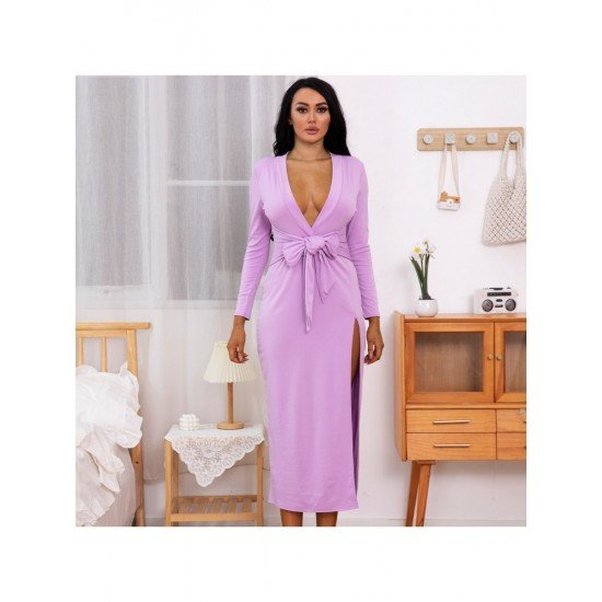 V Neck Slit Long Sleeve Dresses For Women