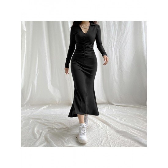 Causal V Neck Long Sleeve Slit Maxi Dresses 