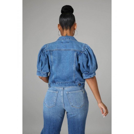 Basic Style Puff Sleeve Denim Jacket