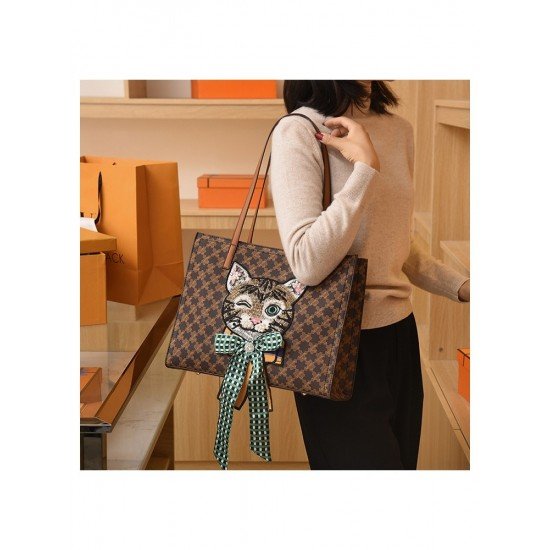 Cute Grid Cat Pattern Bow Tote Bags