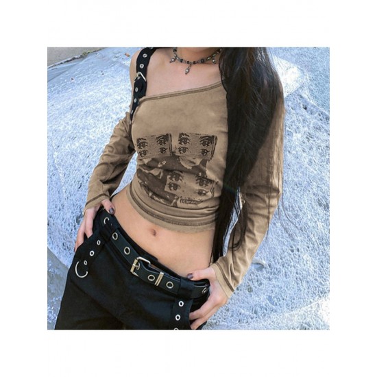  Cartoon Pattern Irregular Inclined Shoulder Ladies Tops