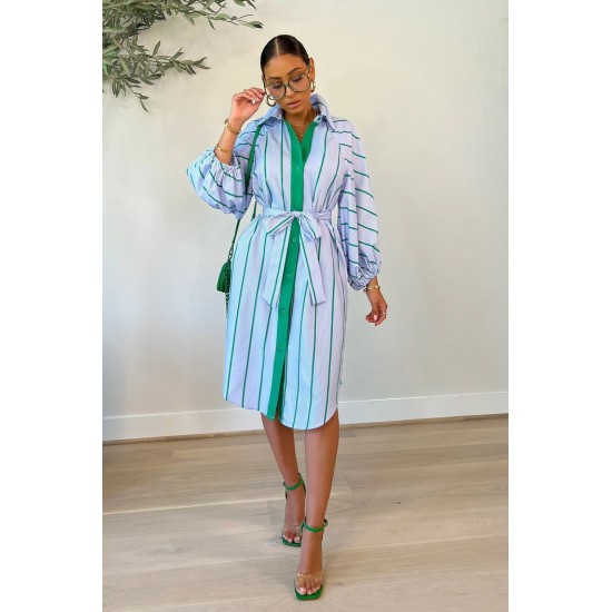  Casual Striped Bandage Women's Long Sleeve Dress