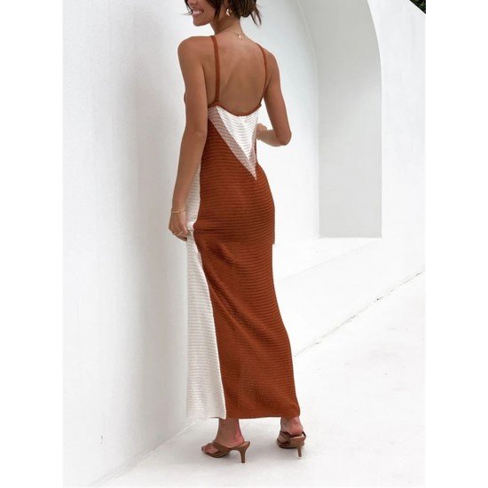  Summer Backless Sleeveless Contrast Color Knitted Dress