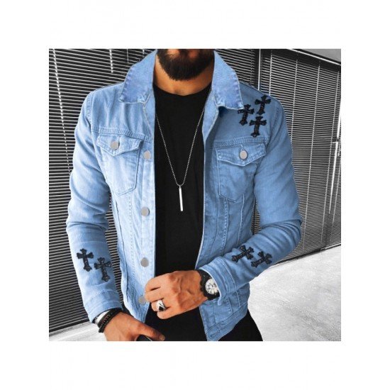 Street Cross Patchwork Black Denim Jackets For Men