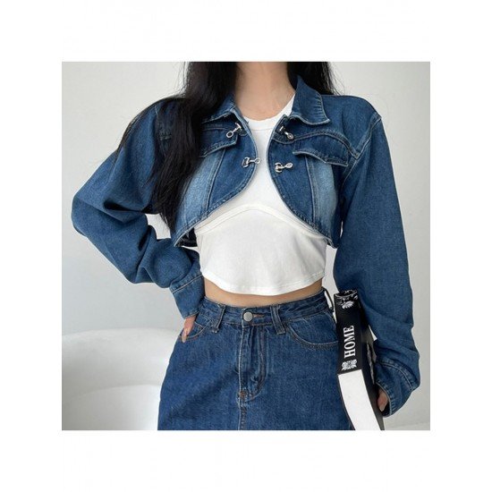 Designer Blue Cropped Denim Jacket Coats