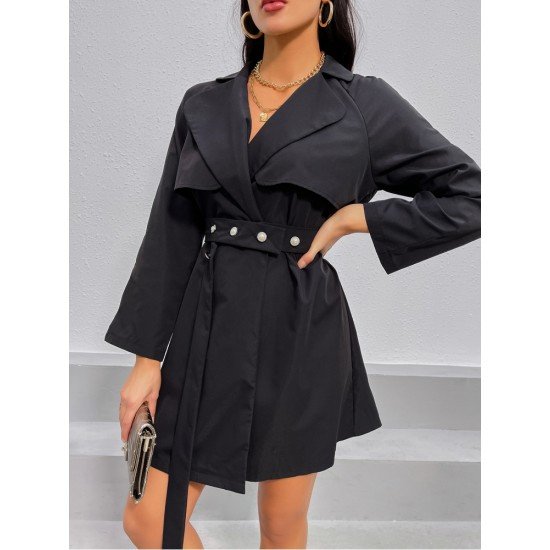 Women Black Long Sleeve Knee Length Jacket Coats