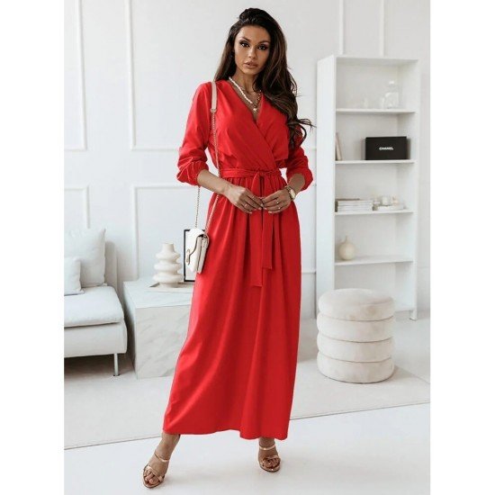  Temperament V Neck Pure Color Long Dress