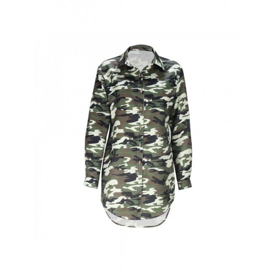 Causal Camouflage Long Sleeve Shirt Dress