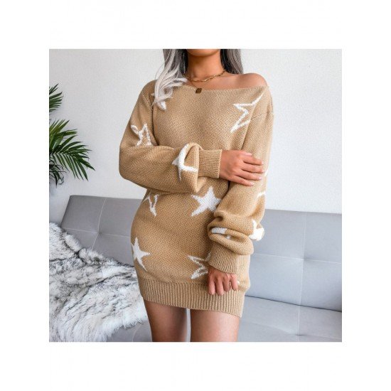 Star Pattern Long Sleeve Women Sweater Dress