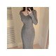 Simple V Neck Solid Long Sleeve Midi Dresses