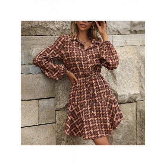 Houndstooth Patchwork Long Sleeve Fall Dress